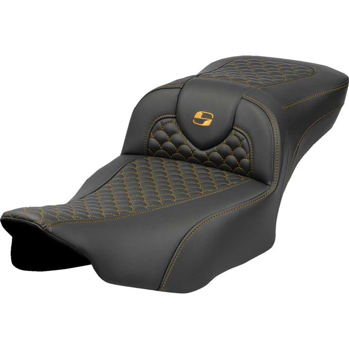 SADDLEMEN 0801-2083 823-07-20907 Dragon Scale Stitch Roadsofa™ Seat Roadsofa™ Extended Reach Seat - Dragon Scale Stitch - Gold Stitch - w/o Backrest - FLTR/FLHX '23-'24