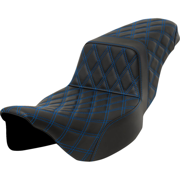 SADDLEMEN 0801-1599 A808-07E-175BLU Lattice Stitch Step-Up Seat - Blue Stitch - Extended Reach - FLH/FLT '08-'23