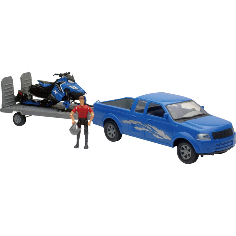 NEW RAY TOYS 7001-0085 SS-37406A Pick Up Truck with Snowmobile Pick Up Truck w/ Polaris Switchback Snowmobile Set - 1:18 Scale - Blue
