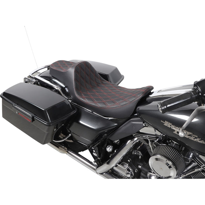 DRAG SPECIALTIES 0801-1371 Extended Reach Predator III Seat - Double Diamond - Black w/ Red Stitching - FL '99-'07