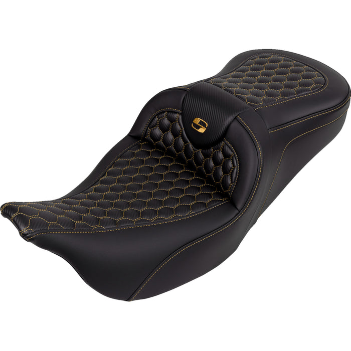 SADDLEMEN 0801-1642 A808-07B-189GOL Honeycomb Roadsofa™ Seat - Gold Stitch - without Backrest - FLH/FLT '08-'23