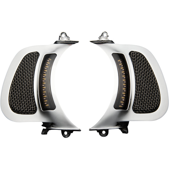 (OPEN BOX)  CUSTOM DYNAMICS 2040-2814 CD-RG-V-AW2-C Genesis® 4 Dynamic LED Road Glide® Vent Inserts - Amber/White - Chrome w/ Stainless Mesh