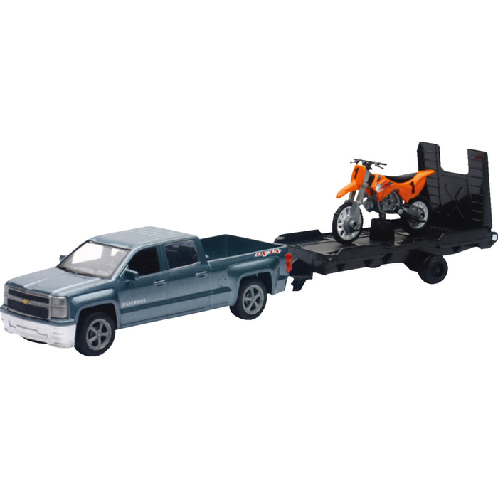 NEW RAY TOYS 7001-0052 19535A Mini Pick Up Truck with Dirt Bike Chevrolet Silverado Pick Up w/ Dirt Bike - 1:43 Scale - Gray/Orange