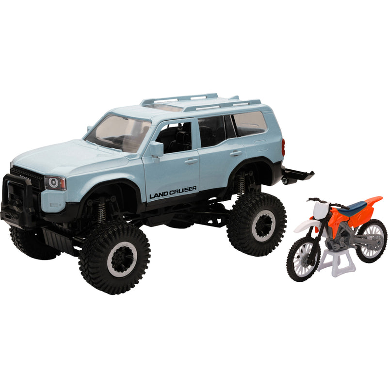 NEW RAY TOYS 7001-0126 37586 Toyota Land Cruiser with Dirt Bike 1:18 scale - light blue/black/orange