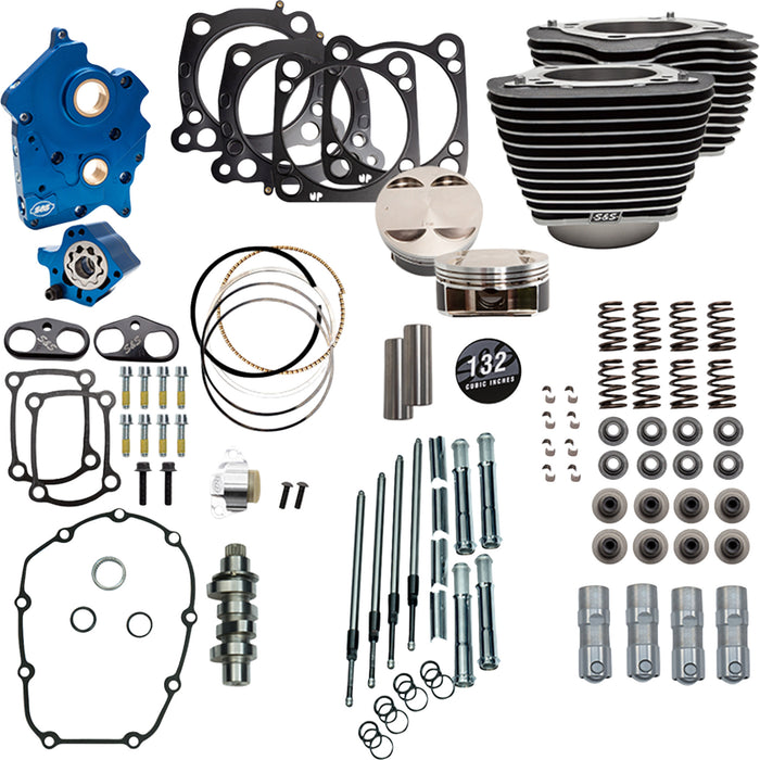 S&S CYCLE 0904-0169 310-1229C Power Package Engine Performance Kit 132" Power Pack - 550 Chain Drive - Water Cooled - Wrinkle Black w/Highlight Fins - M8
