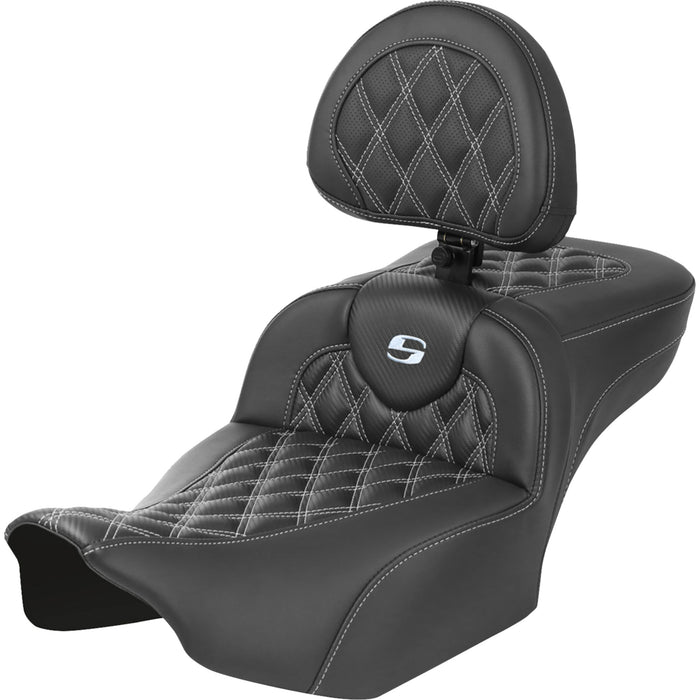 SADDLEMEN 0801-1807 823-07-207B5 Roadsofa™ Extended Reach Seat - with Backrest - Carbon Fiber Silver Lattice Stitch - Silver Stitch - FLTR/FLHX 23-24