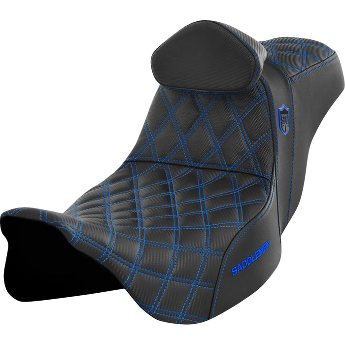 SADDLEMEN 0801-1662 SC80807BLURT Pro Series SDC Performance Grip Seat with Backrest - Blue Stitch - FLH/FLT '08-'23