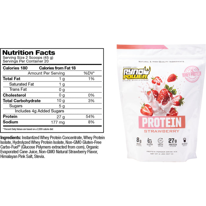 RYNO POWER 5101-0037 PRO-STRAW-2LB Protein Premium Whey Powder Protein Powder - Strawberry - 2 lb - 20 Servings