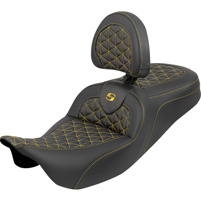 Saddlemen RoadSofa™ Tri Gripper Seat Standard Reach Gold Stitch W Backrest Flh Flt - 808-07B-210B7 For Harley Touring 2008-2025