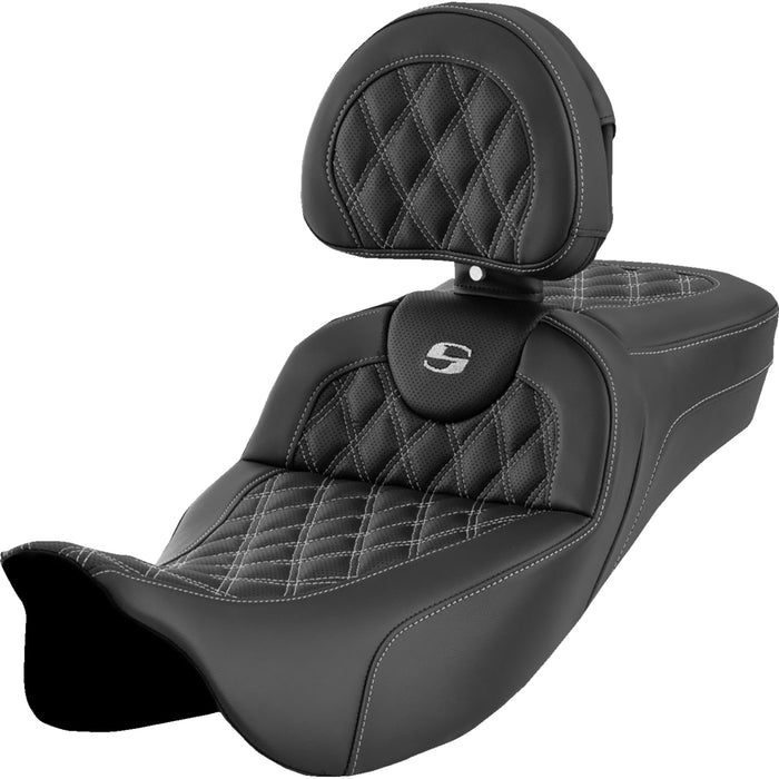 SADDLEMEN 0801-1623 A808-07R-184SIL Roadsofa™ Extended Reach Seat-Lattice Stitch - Silver Stitch - with Backrest - FL '08-'23