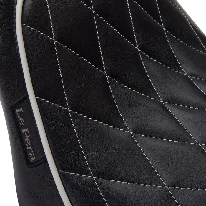 LE PERA 0802-1338 LYX-007DMWTP Bare Bones Solo Seat - Diamond Stitch w/ White Stitching/Piping - Black - Softail '18-'23