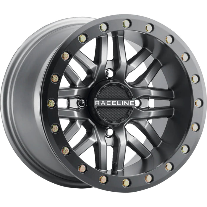 RACELINE WHEELS 0230-1467 A91G-47056-52 Ryno Beadlock Wheel Wheel - Ryno - Beadlock - Front/Rear - Gun Metal Gray/with Black Ring - 14x7 - 4/156 - 5+2