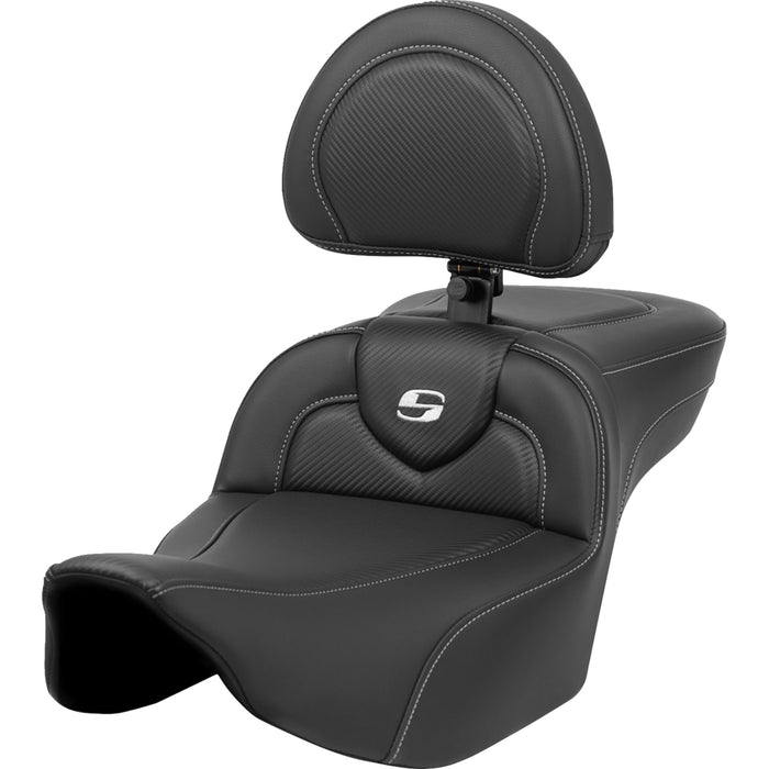 SADDLEMEN 0801-1634 823-07-186BR Roadsofa™ Extended Reach Carbon Fiber Seat Silver Stitch/Silver Logo - w/ Backrest - FL 23-24