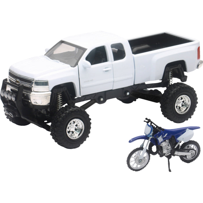 NEW RAY TOYS 7001-0039 SS-54416 Offroad Pick Up Truck with Dirt Bike Chevrolet Silverado Offroad Pick Up w/ Yamaha Dirt Bike - 1:32 Scale - White/Black/Blue