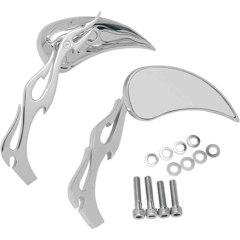 DRAG SPECIALTIES 0640-0116 Flame Teardrop Mirrors with Sculptured Stem Mirrors - Flame - Side View - Teardrop - Chrome - Pair