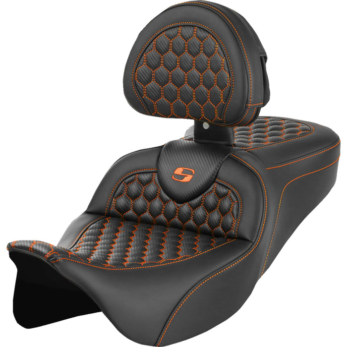 SADDLEMEN 0801-1645 A808-07R-189ORA Honeycomb Roadsofa™ Seat - Orange Stitch - with Backrest - FLH/FLT '08-'23