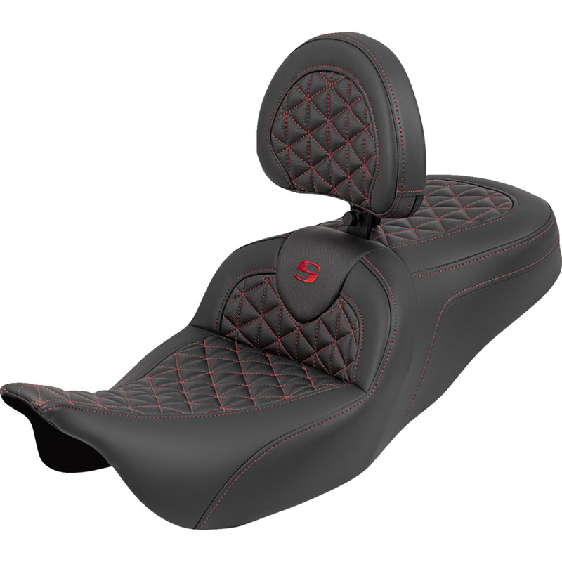 Saddlemen RoadSofa™ Tri Gripper Seat Standard Reach Red Stitch W Backrest Flh Flt - 808-07B-210B4 For Harley Touring 2008-2025