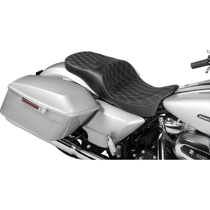 DRAG SPECIALTIES SEATS 0801-1981 Extended Reach Freedom Touring Seats Extended Reach Freedom Seat - Vinyl - Double Diamond - Silver Stitch - FLT/FLH '09-'24