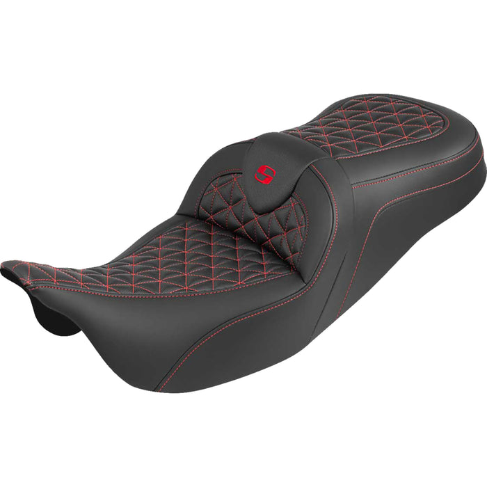 SADDLEMEN 0801-2201 808-07B-21004 RoadSofa™ Tri Gripper Seat standard reach - red stitch - w/o backrest - flh/flt '08-'25