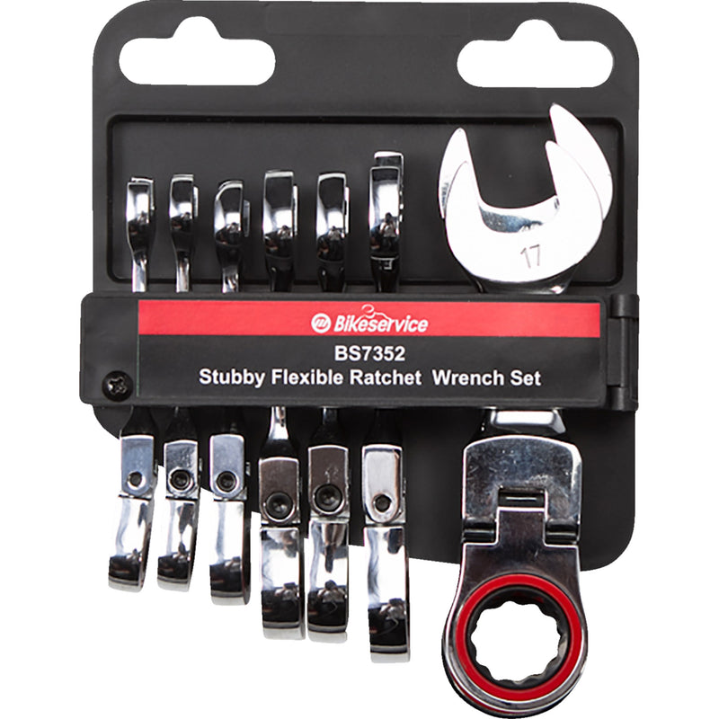 BIKESERVICE 3812-0717 BS7352 Stubby Flex Head Ratchet Combination Wrench Set Flex-Head Wrench - 8-piece