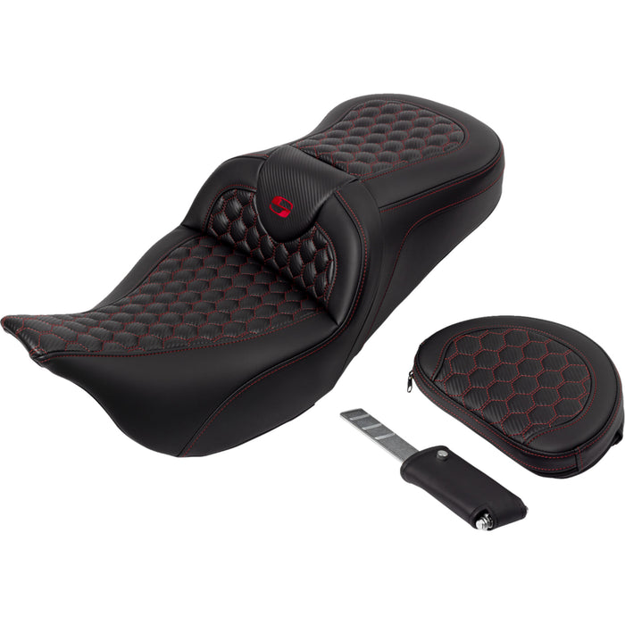 SADDLEMEN 0801-1643 A808-07R-189RED Honeycomb Roadsofa™ Seat - Red Stitch - with Backrest - FLH/FLT '08-'23