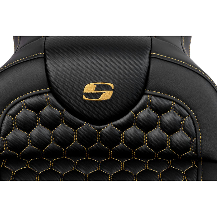 SADDLEMEN 0801-1642 A808-07B-189GOL Honeycomb Roadsofa™ Seat - Gold Stitch - without Backrest - FLH/FLT '08-'23