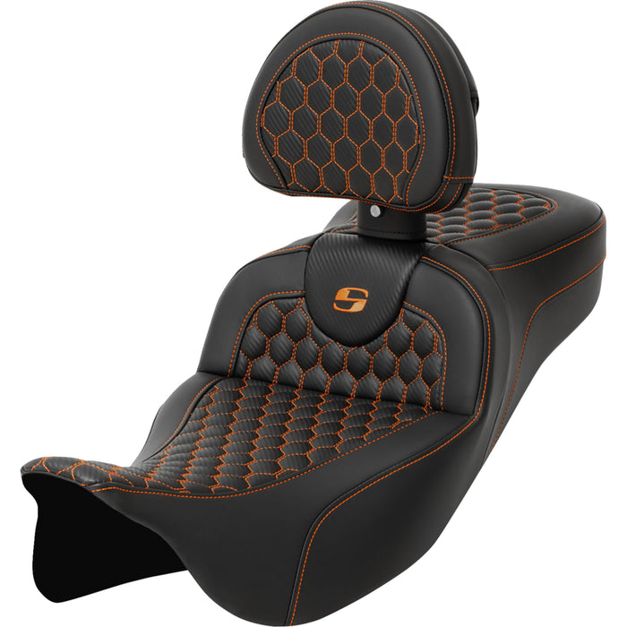 SADDLEMEN 0801-1653 A808-07R-190ORA Honeycomb Roadsofa™ Seat - Orange Stitch - with Backrest - Extended Reach - FLH/FLT '08-'23