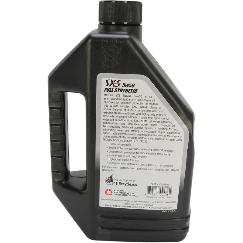 MAXIMA RACING OIL 3601-0348 30-18901 SXS 100% Synthetic 4T Engine Oil SXS UTV Synthetic 4T Oil - 5W-50 - 1L