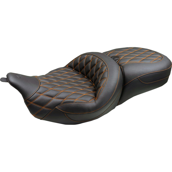 MUSTANG 0810-2493 89538MO Super Touring One Piece 2-Up Seat Super Touring Seat - Double Diamond - Mandarin Orange Stitch FLH/FLT '08-'25