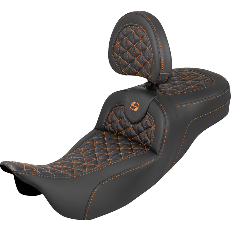 Saddlemen RoadSofa™ Tri Gripper Seat Standard Reach Orange Stitch W Backrest Flh Flt - 808-07B-211B3 For Harley Touring 2008-2025