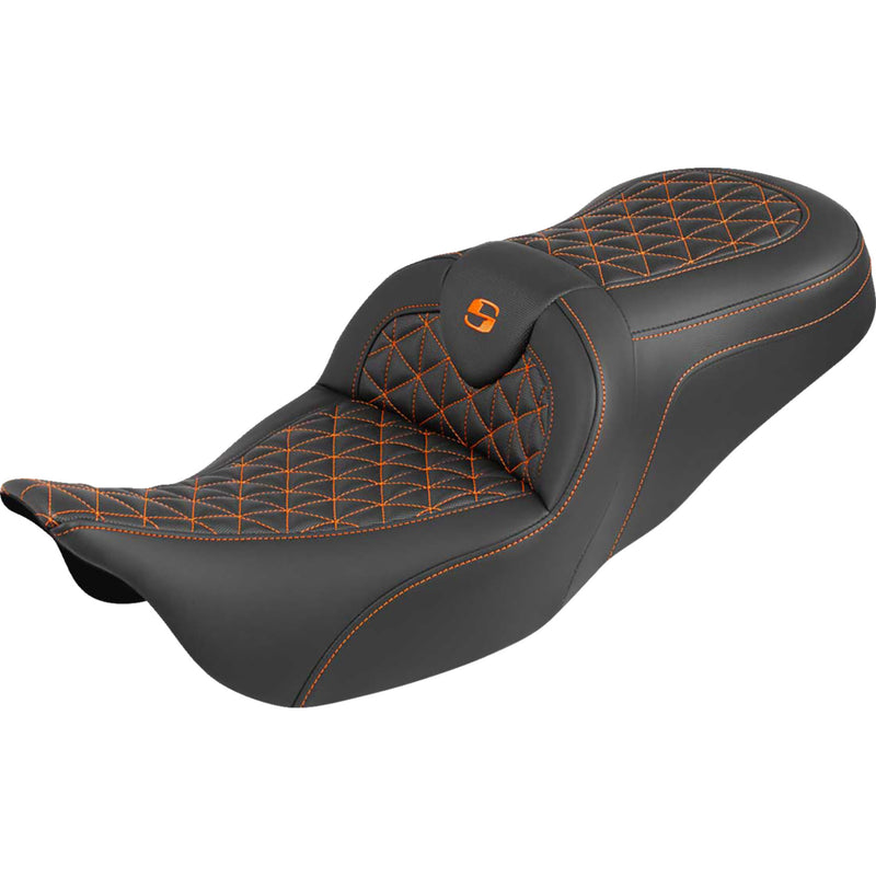 Saddlemen RoadSofa™ Tri Gripper Seat Standard Reach Orange Stitch W O Backrest Flh Flt - 808-07B-21003 For Harley Touring 2008-2025
