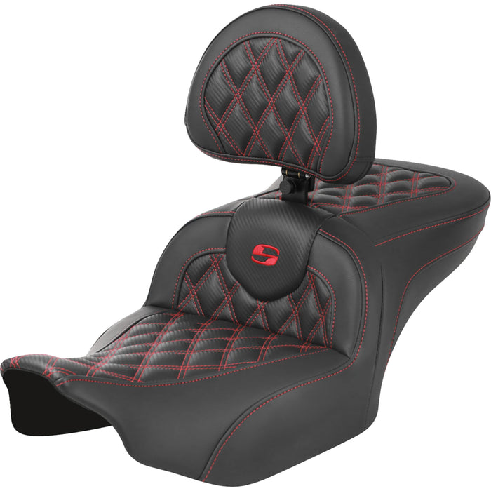 SADDLEMEN 0801-1790 823-07-206B4 Roadsofa™ Lattice Stitch Seat - with Backrest - Carbon Fiber - Lattice Stitch - Red Stitch - FLTR/FLHX 23-24