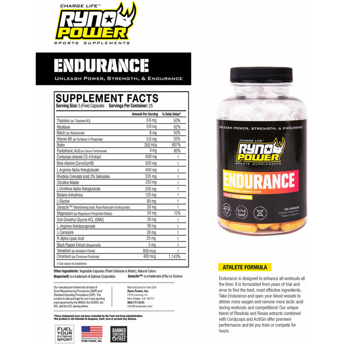 RYNO POWER 5101-0009 END884 Endurance Stimulant-Free Energy Supplement Endurance Capsules - 125 ct. Bottle