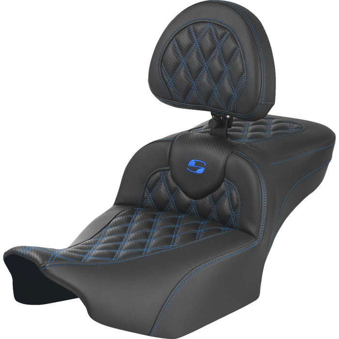 SADDLEMEN 0801-1802 823-07-207B1 Roadsofa™ Extended Reach Seat - with Backrest - Carbon Fiber blue Lattice Stitch - FLTR/FLHX 23-24