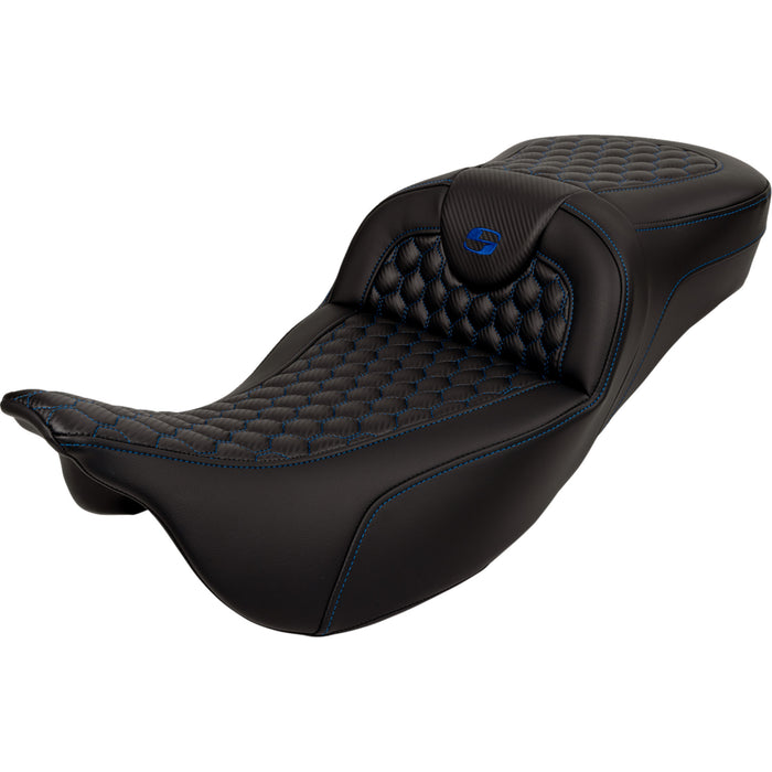 SADDLEMEN 0801-1648 A808-07B-190BLU Honeycomb Roadsofa™ Seat - Blue Stitch - Extended Reach - without Backrest - FLH/FLT '08-'23