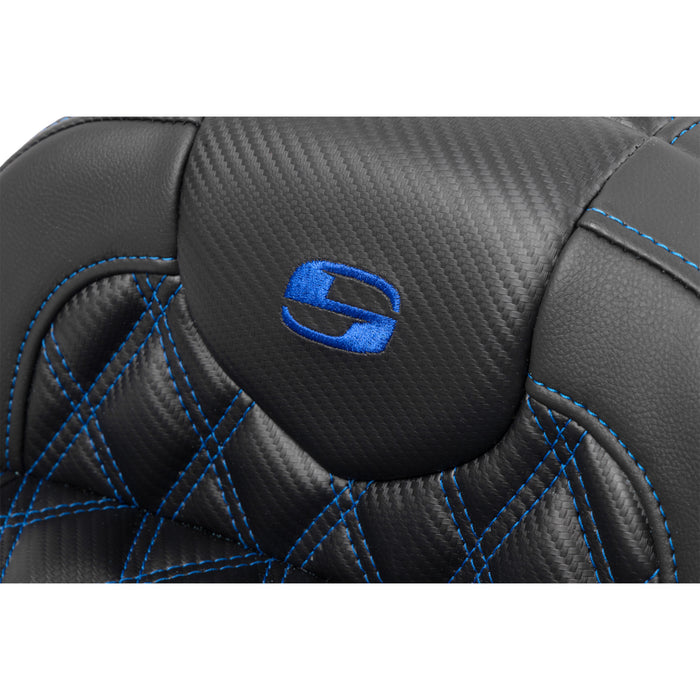 SADDLEMEN 0801-1780 823-07-20601 Roadsofa™ Lattice Stitch Seat without Backrest - Carbon Fiber - Lattice Stitch - Blue Stitch - FLTR/FLHX 23-24