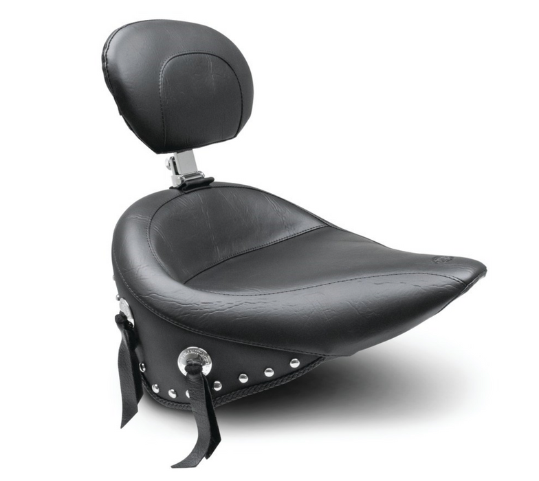 MUSTANG 0802-0491 79485 Wide Solo Seat - With Backrest - Black - Studded W/Concho - FLST '08-'17