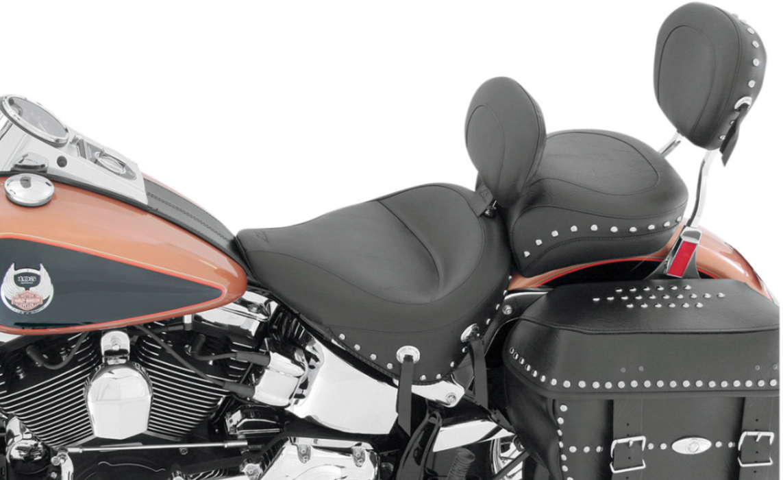 MUSTANG 0802-0491 79485 Wide Solo Seat - With Backrest - Black - Studded W/Concho - FLST '08-'17