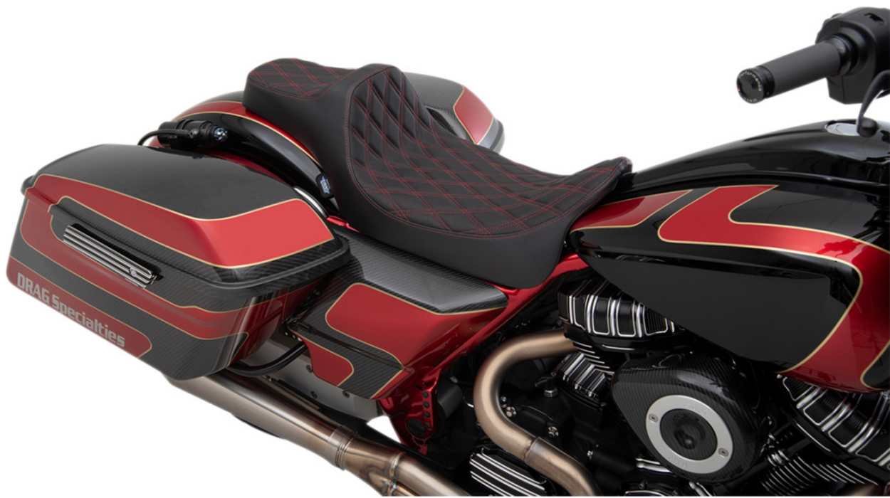 (OPEN BOX) DRAG SPECIALTIES 0801-1262 Extended Reach Predator III Seat - Double Diamond - Red Stitched
