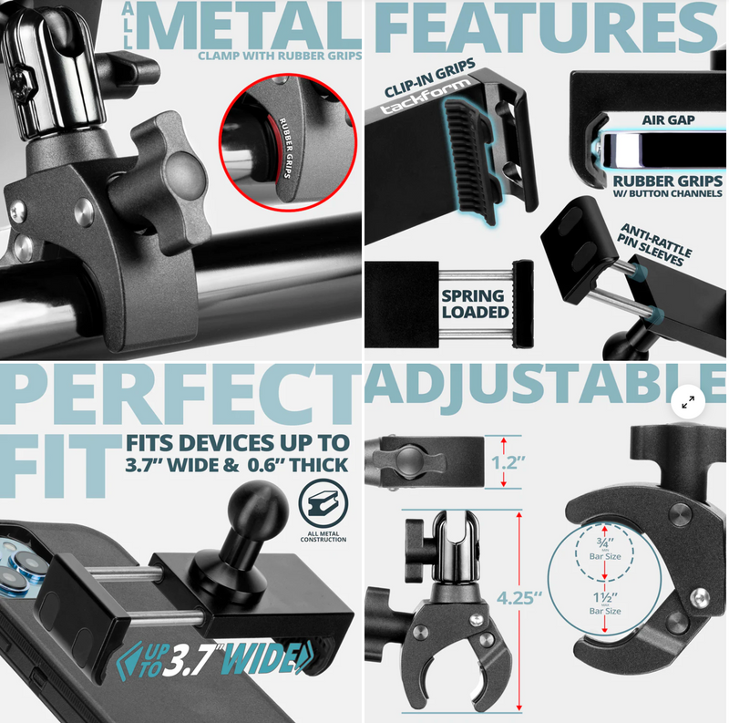 TACKFORM 20 MAXX MOTORCYCLE PHONE MOUNT | ADJUSTABLE BAR CLAMP 3/4" - 1-1/2" | FOR ANDROID