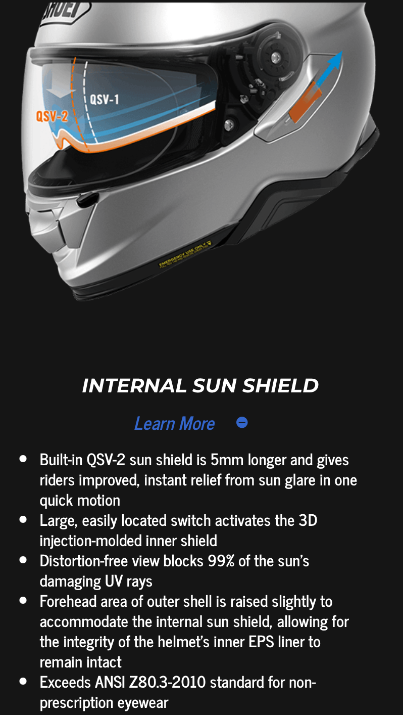 SHOEI QSV-2 INTERNAL SUN SHIELD - FITS- GT-AIR II, J-CRUISE 11, NEOTEC 3