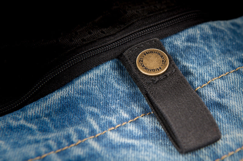 Detail stitching photo of Front angle of blue Iron Sights Club Collar Denim Vest