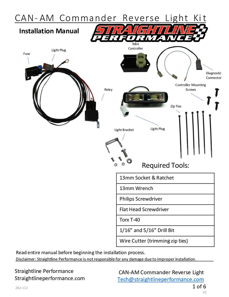 Straightline Performance Smart Wire Reverse Light Kit Single Light CAN - 282-112 Can-Am Commander / Maverick 2021-2026