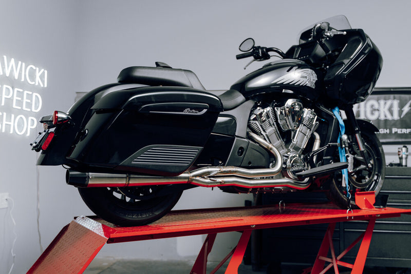 Sawicki Indian Challenger Full Length Brushed SS W Black END CAP For Indian Challenger 2022-2024