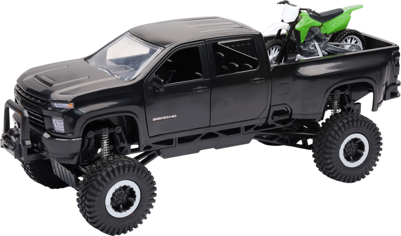 New Ray Toys 959-0182 SS-37596 1:20 SCALE CHEVROLET 3500 HD OFFROAD PICKUP W/GRN DIRT BIKE