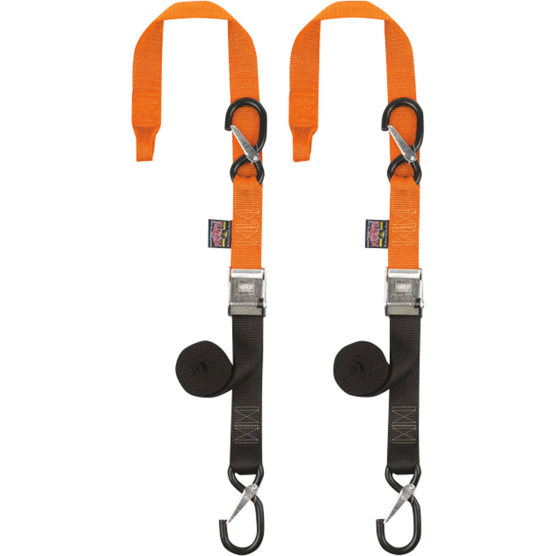 POWERTYE MFG. 3920-0324 29629-S 1-1/2" Cam-Buckle with Safety-Latch Hooks and Soft-Tye Cam Tie-Downs - 1-1/2" x 6-1/2' - Orange/Black