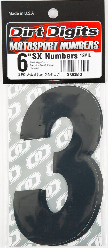 Dirt Digits 09-6513 SX63B-3 #3 6" BLACK SUPER X DIGITS 3/PK