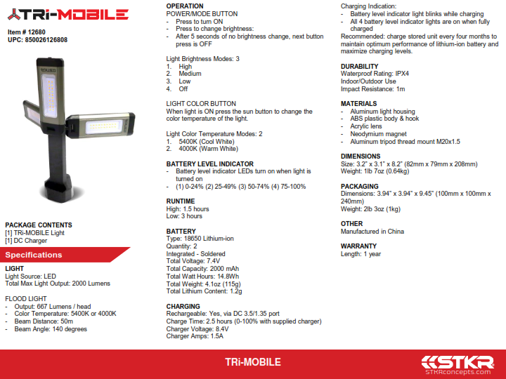 Stkr TRI-Mobile Work Light 2000 Lumen - 12680