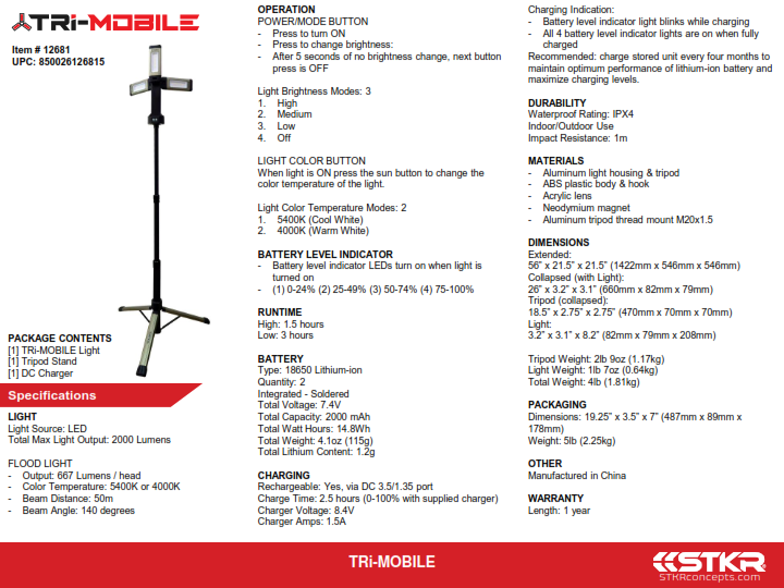 Stkr TRI-Mobile Work Light With Tripod 2000 Lumen - 12681