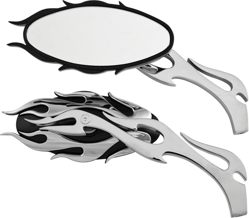 Harddrive Mirrors Flame W Flame Stem Black Chrome - 18-397 For Harley Motorcycles 1974-2017